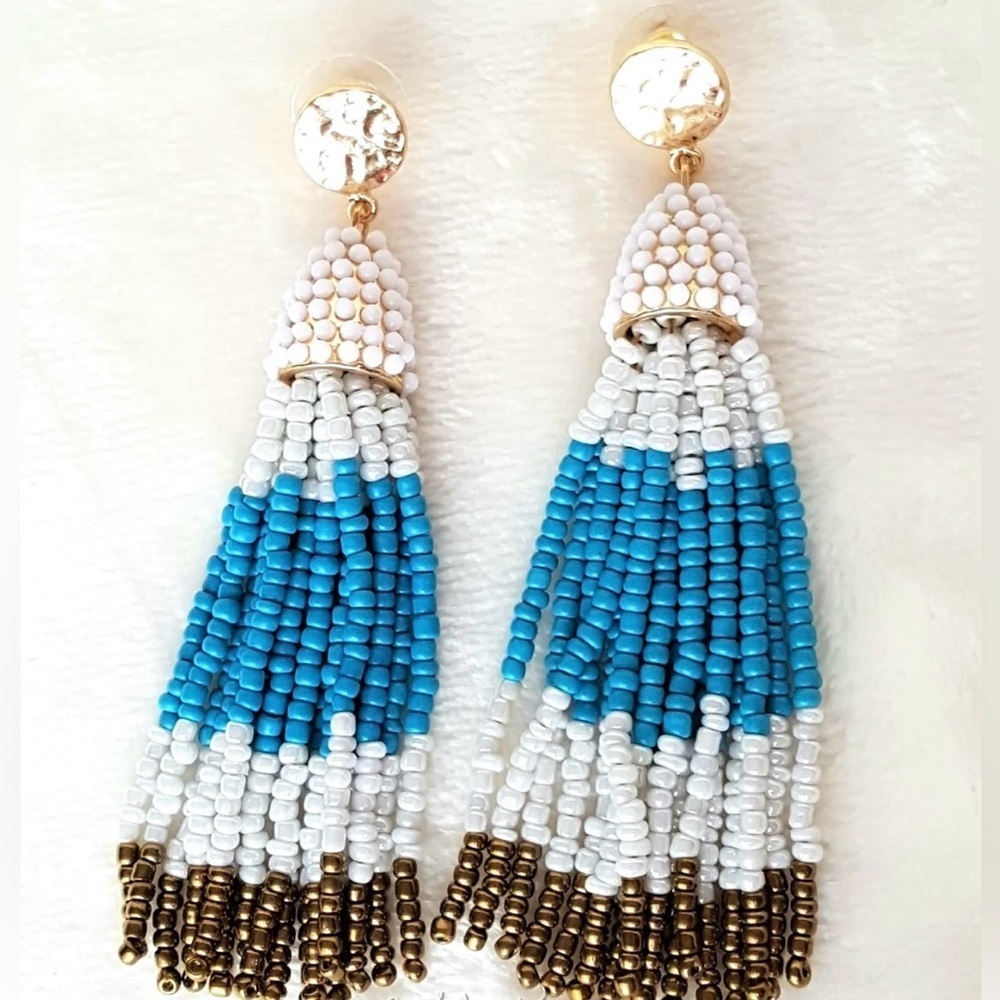Urban Flair Beaded Tassel Earrings White, Blue and Gold - 3 1/2"